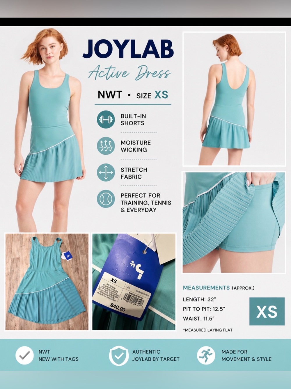 JOYLab Active Dress – NWT – Women’s XS – Teal Pleated Athletic Dress